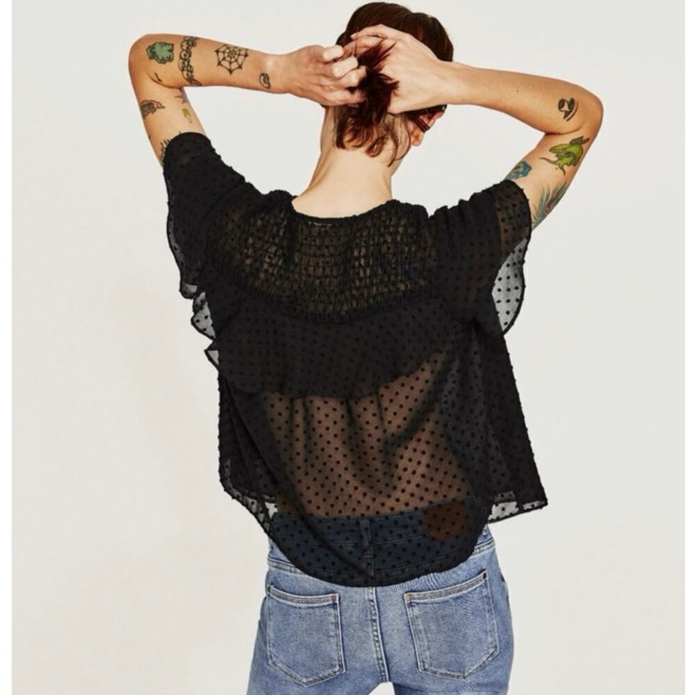 ZARA Black Plumeti Sheer Ruffle Flutter Sleeve Smocked Blouse Top EUC Size S
